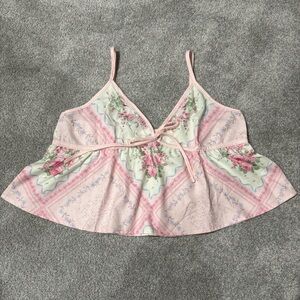 Y2K BOHO babydoll spring cami crop top. Pink, blue, off-white Floral Tie-Front L